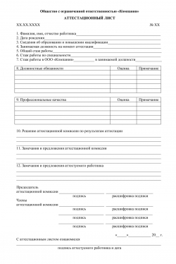 Аттестационный лист на соответствие занимаемой должности (образец)