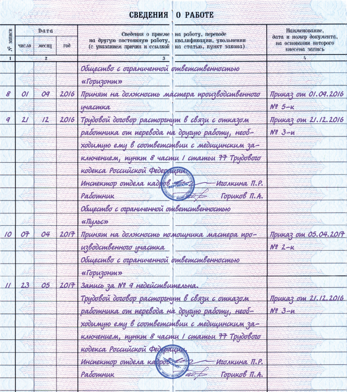 Образец исправления в трудовой